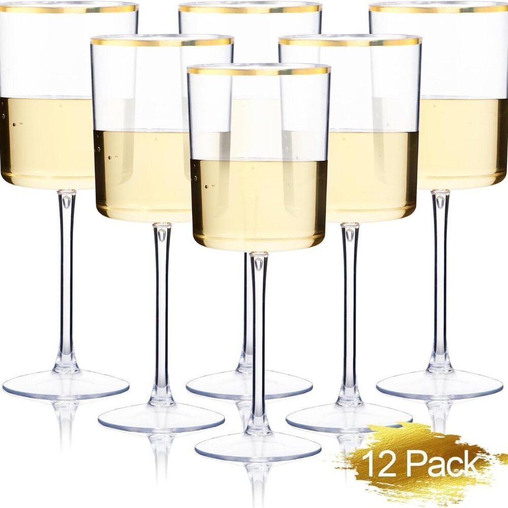 12 Pack Plastic Wine Glasses - 10 Oz Plastic Wine Glasses with Stem - Gold Rim D